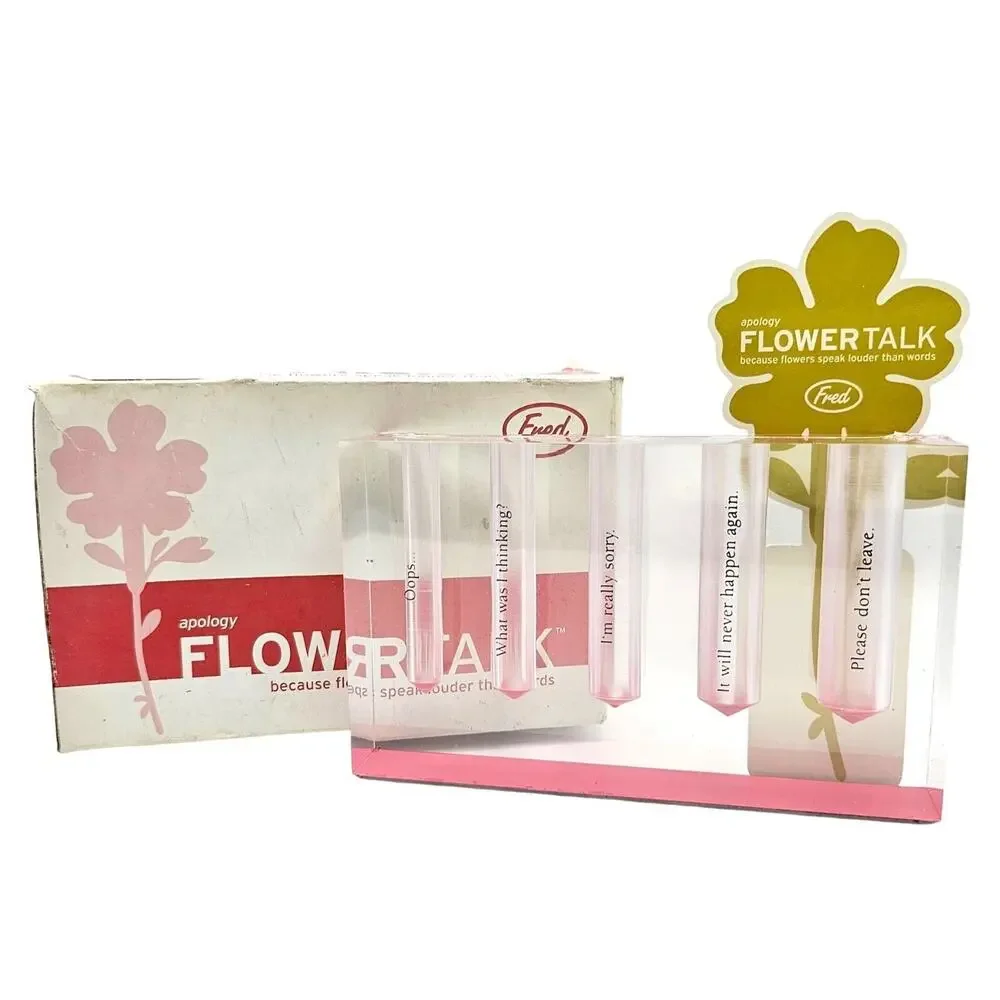 Fred Flower Talk Apology Bud Vase Clear Pink Acrylic Humorous Phrases 5-Slot NWT